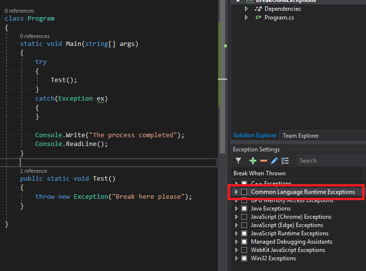 The New Exception Settings Window in Visual Studio 2015 - Azure