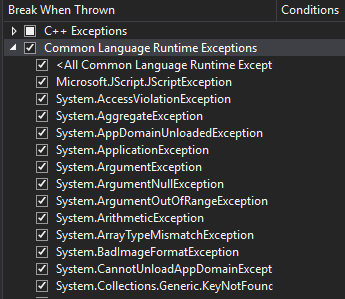 The New Exception Settings Window in Visual Studio 2015 - Azure